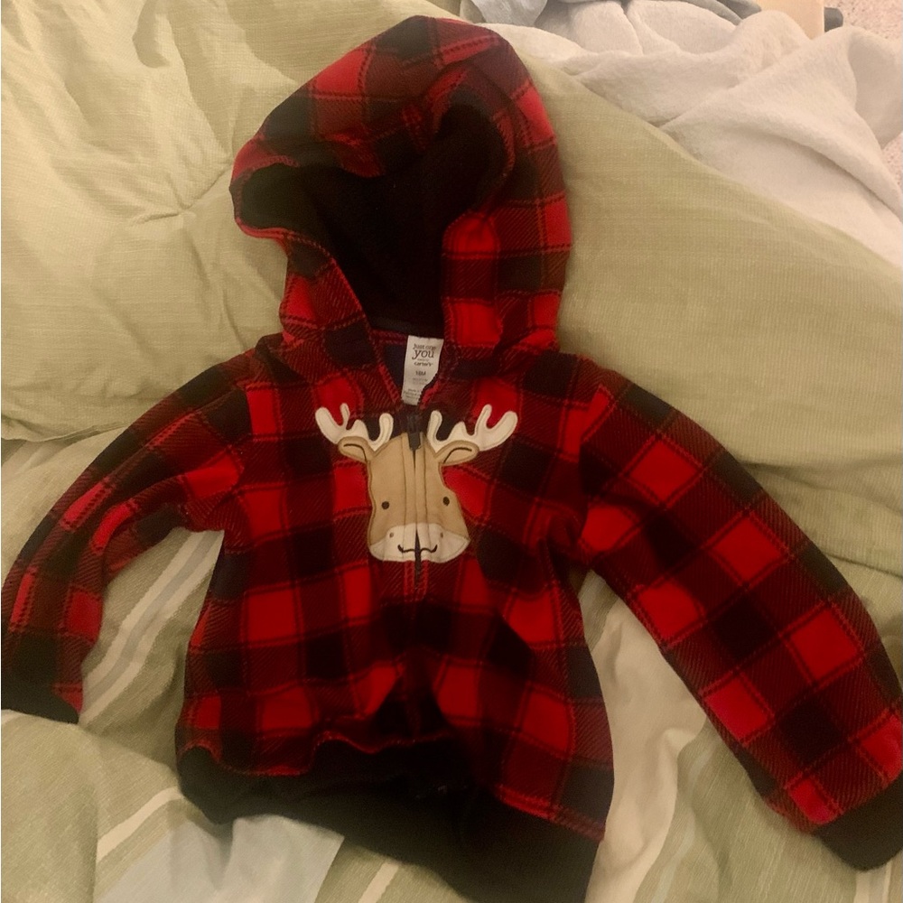 Carter's Red and Black Plaid Hooded Pullover with Moose